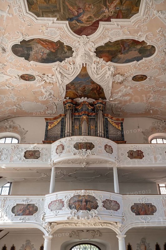 Organ loft of the parish church of St. John the Baptist, built in 1475 as a Gothic church, baroqueised from 1732 to 1755, Hiltpoltstein, Middle Franconia, Bavaria, Germany, Europe