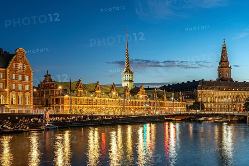The former Børsen stock exchange on Holmens Canal at dusk, Copenhagen, Denmark, Europe