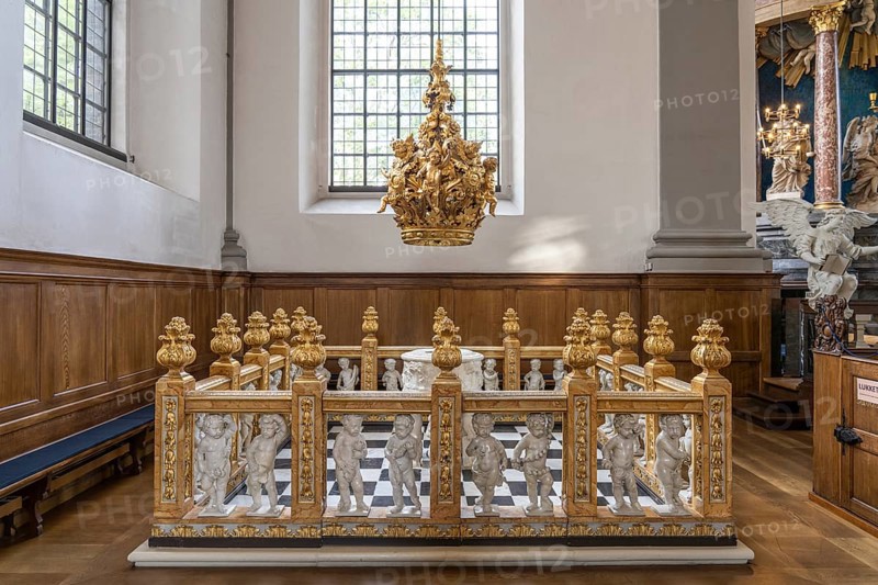 Baptismal font in the interior of the Evangelical Lutheran Church of the Saviour in front of Frelsers Kirke, Copenhagen, Denmark, Europe