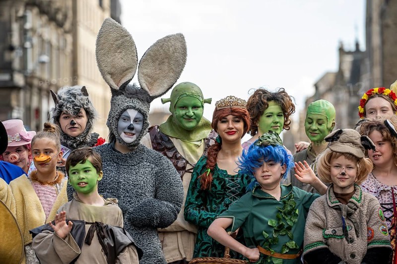 Group of actors, characters from Shrek, world's largest cultural festival The Fringe, High Street, Edinburgh, Scotland, United Kingdom, Great Britain, Europe