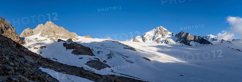 Panorama high alpine mountain landscape, summit of Aiguille de Chardonnet and Aiguille de Tour, Glacier du Tour, glacier and mountain peaks, Chamonix, Haute-Savoie, France, Europe