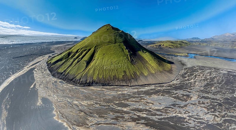 Aerial view, Mælifell mountain covered with moss, Maelifell, black sand desert Mælifellssandur, glacial streams, glacier Myrdalsjökull, Icelandic highlands, Iceland, Europe