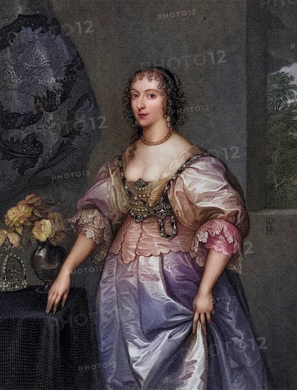 Henrietta Maria (1609-1669), Queen of Charles I of Great Britain. Daughter of Henry IV of France and Mary de Medici. Copper engraving after the portrait by Anthony Vandyke, Historic, digitally restored reproduction from a 19th century original, Record date not stated