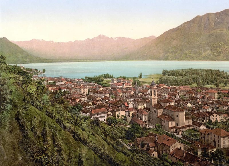 View of the town of Locarno in Ticino in Switzerland, Historical, digitally restored reproduction from a 19th century original, Record date not stated