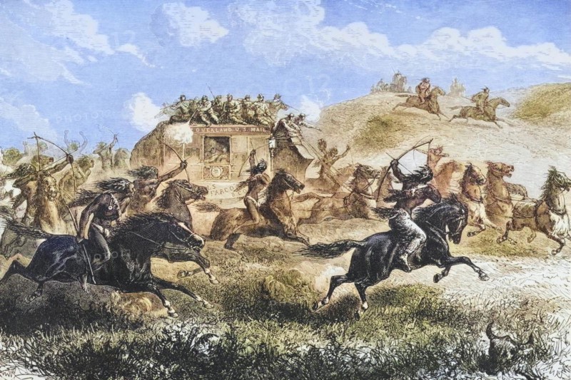 Indians attack a stagecoach transporting the US mail across the prairie in the 1860s. From American Pictures Drawn With Pen And Pencil by Rev Samuel Manning c. 1880, United States, America, Historical, digitally restored reproduction from a 19th century original, Record date not stated, North America