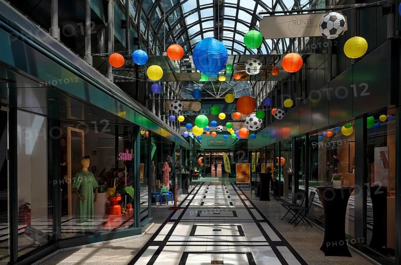 Calwer Passage, shopping arcade, shopping centre, decorated, roofed, lanterns, footballs, decoration, empty, Stuttgart, Baden-Württemberg, Germany, Europe