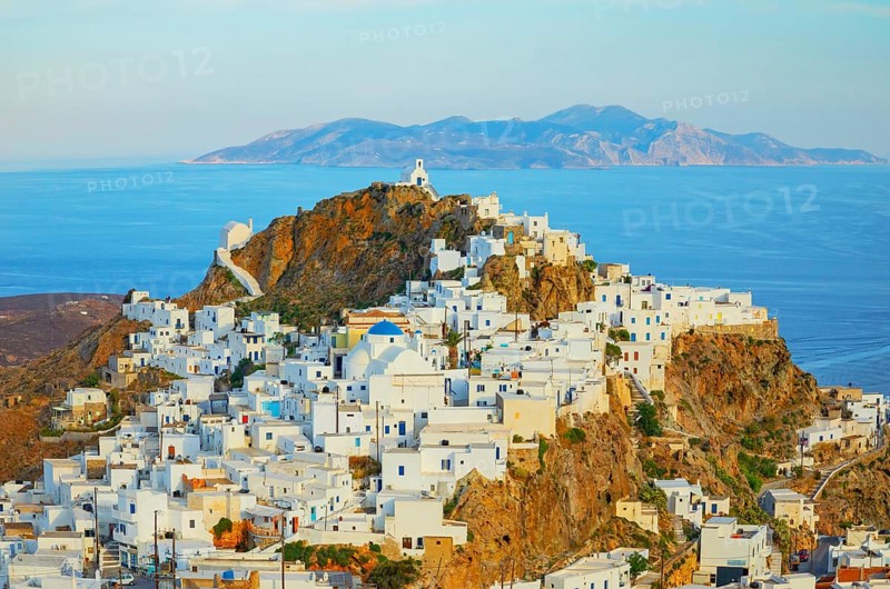View of Chora village and Sifnos island in the distance, Chora, Serifos Island, Cyclades Islands, Greece, Europe