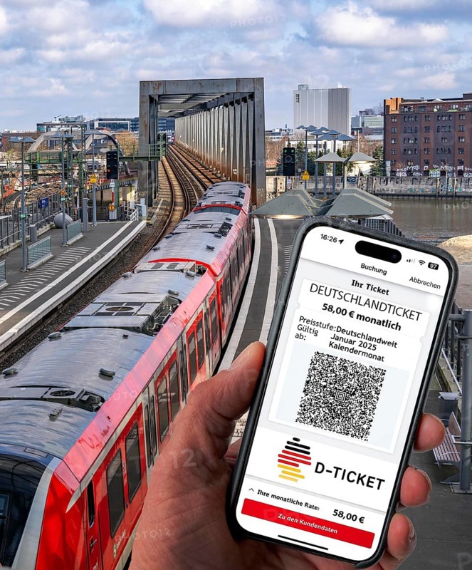 Symbolic image of Deutschlandticket, new from 2025 for 58 euros per month, ticket on mobile phone app, travel on regional transport throughout Germany, for one fare with bus and train