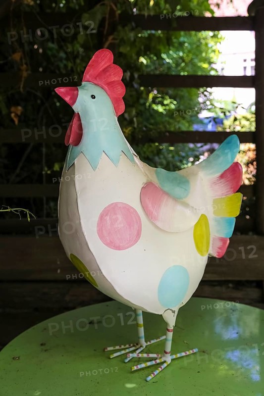 Castle garden, Haigerloch Castle, funny figure, craftsmanship, figure, decorative bird, small sculpture, replica of a rooster, funny bird, Haigerloch, Zollernalbkreis, Baden-Württemberg, Germany, Europe