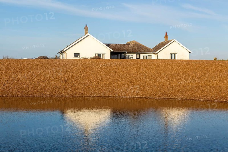 The Beacons bungalow house on beach at Shingle Street, Hollesley Bay, Suffolk, England, UK