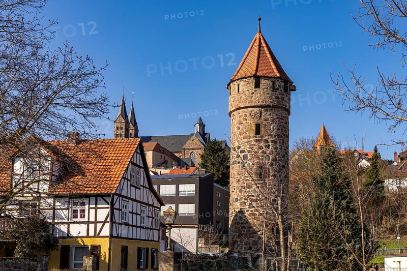 Town view with towers of the town wall and St Peter's Cathedral, Fritzlar, Schwalm-Eder district, Hesse, Germany, Europe