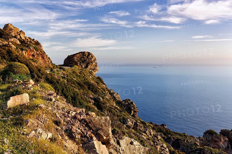 Striking rocky coast, evening sun, Messinian Gulf, Ionian Sea, Mani, Greece, Europe