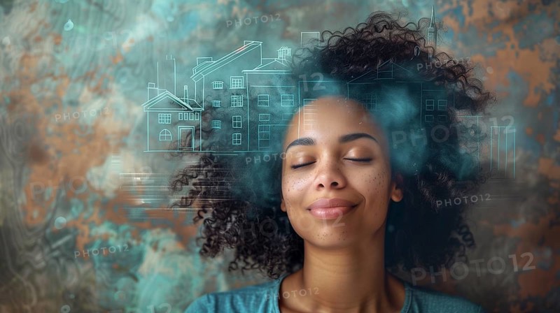 Smiling young african american woman daydreaming with her eyes closed visualizing A new house. generative AI., AI generated