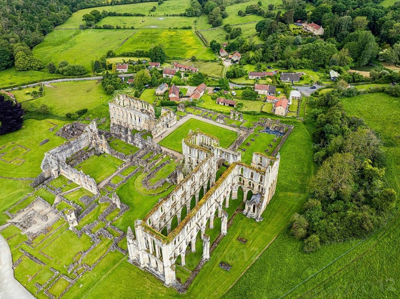 Rievaulx Abbey from a drone, North York Moors National Park, North Yorkshire, England, United Kingdom, Europe