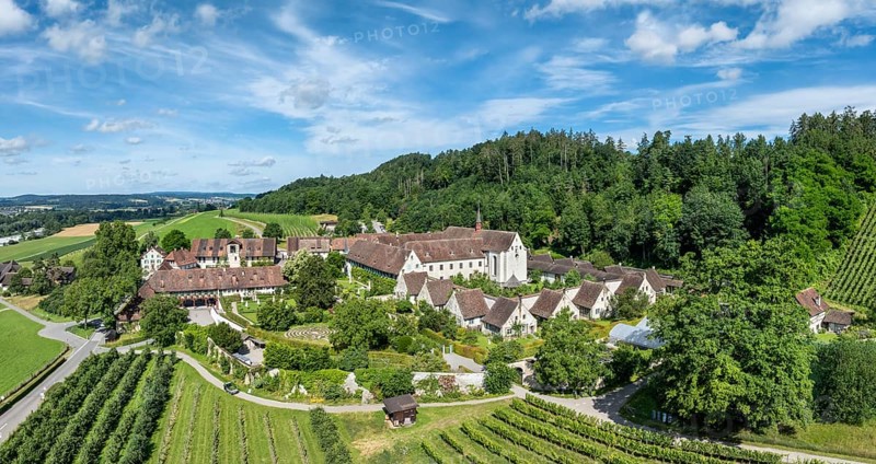 Aerial view of Ittingen Charterhouse, a former Carthusian monastery, today a cultural centre, conference centre, museum, hotel, restaurant and estate, Warth-Weiningen, Canton Thurgau, Switzerland, Europe