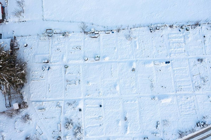 Allotment gardens in winter, near Gelting, in winter drone shot, Upper Bavaria, Bavaria, Germany, Europe