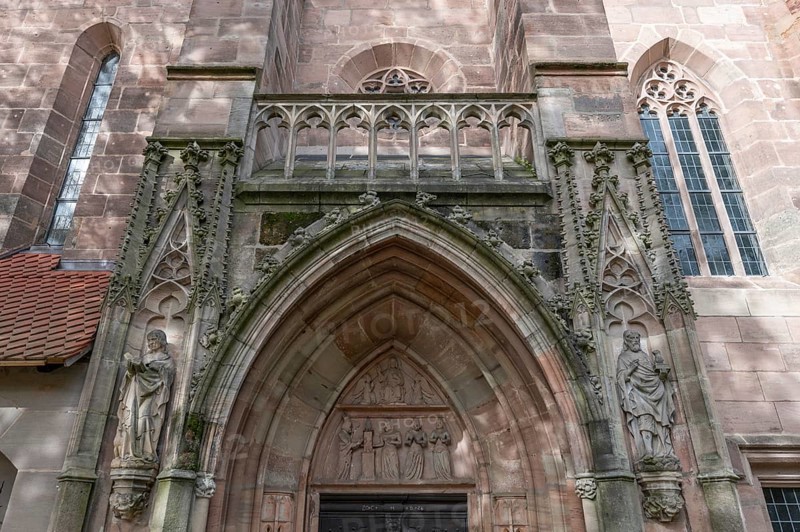 Detail of the entrance portal of St Nicholas and St Ulrich Church, Kirchenberg 15, Nuremberg-Mögeldorf, Middle Franconia, Bavaria, Germany, Europe
