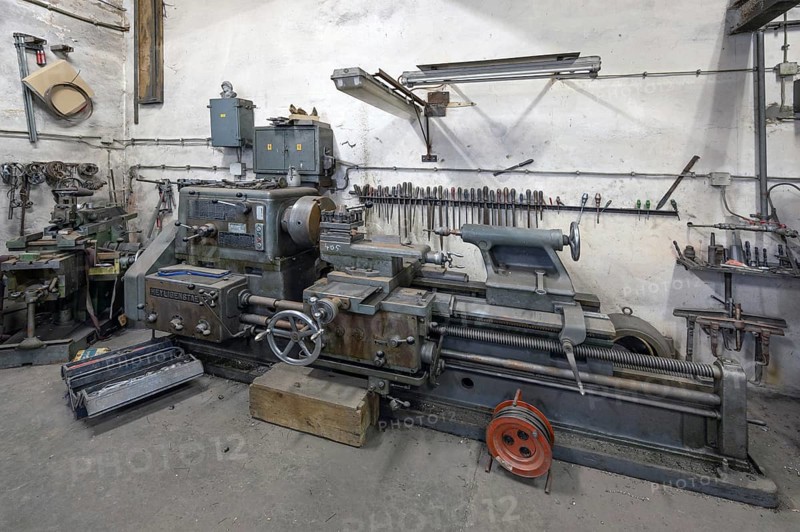Workshop with large lathe in a metal powder mill, founded in 1900, Igensdorf, Upper Franconia, Bavaria, Germany, Europe