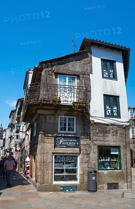 Rustic old stone house with balconies and a shop in an urban environment, house in Rúa do Vilar, Santiago de Compostela, autonomous community of Galicia, place of pilgrimage, destination of the Way of St James, Spain, Europe