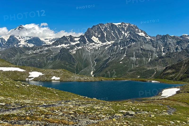 Grand Lé mountain lake and Mont Velan peak in the Valais Alps, Bourg-Saint-Pierre, Valais, Switzerland, Europe