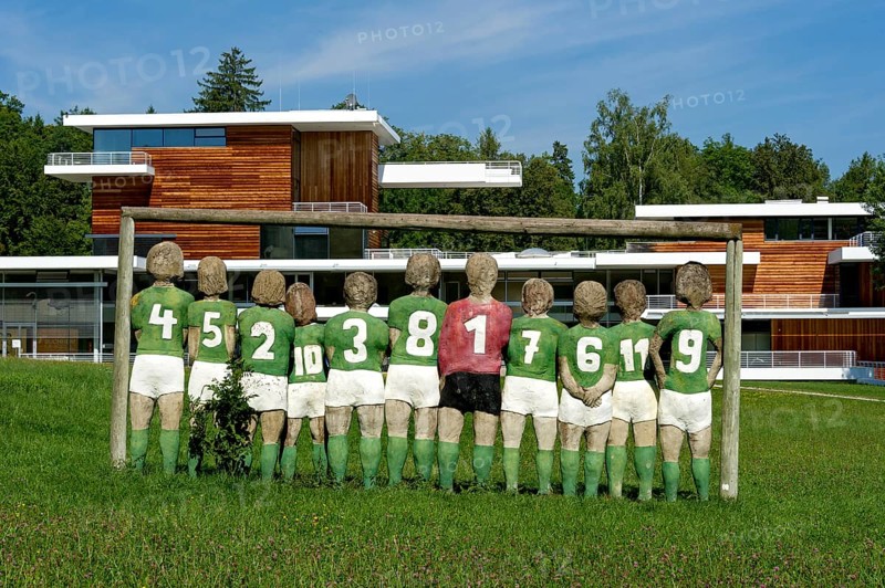 Football team sculpture by sculptor Günter Schumann in the park of the Museum of Fantasy by Lothar-Günther Buchheim, Bernried am Starnberger See, Upper Bavaria, Bavaria, Germany, Europe
