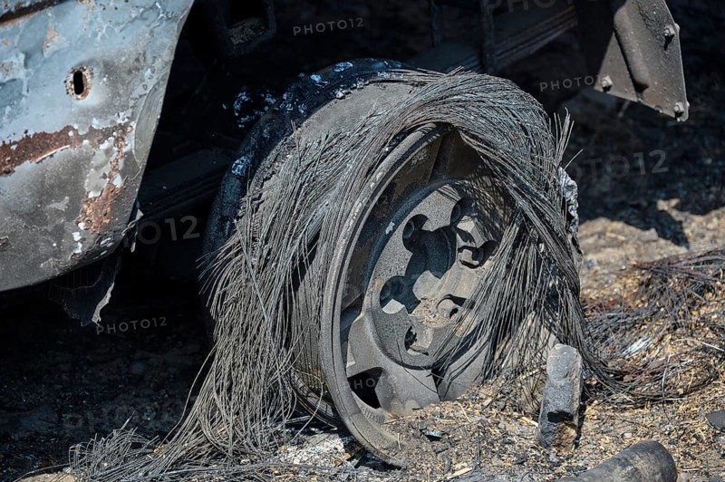 Close-up of a burnt wheel that is completely destroyed and covered in ash, forest fires, summer 2023, forest fire damage, Boutique 5 Hotel, Kiotari, Rhodes, Rhodes, Dodecanese, Greek Islands, Greece, Europe
