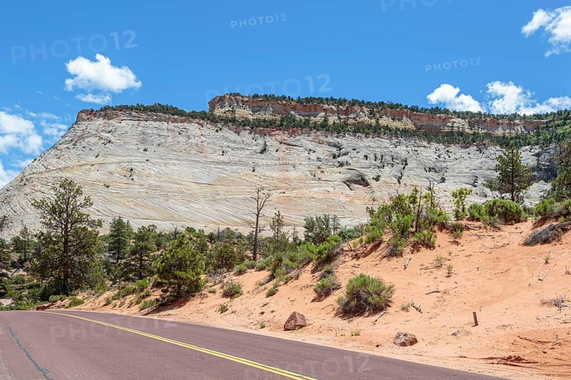 Patterns of erosion on the rocky mountainside along the Zion Park Boulevard in Zion National Park, Utah