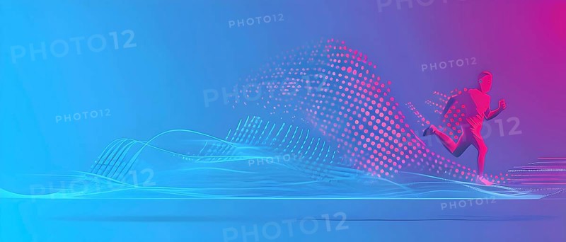 Illustration of a wave of vibrant data points shaping into a runner silhouette, conveying speed and precision guided by AI, AI generated