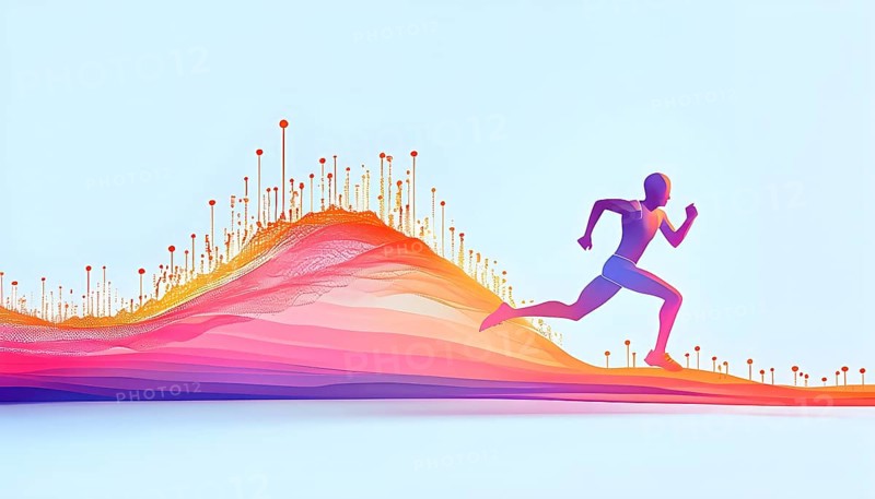Illustration of a wave of vibrant data points shaping into a runner silhouette, conveying speed and precision guided by AI, AI generated