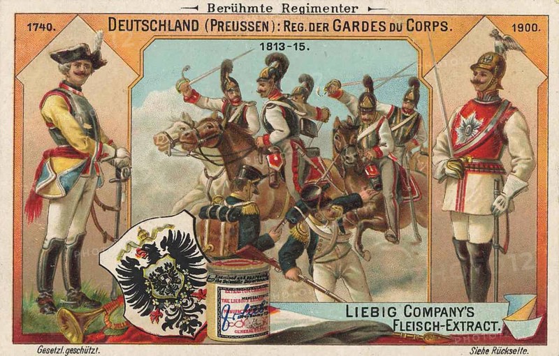 Picture series Famous Regiments, Regiment of the Gardes du Corps, 1814-1815, Germany, Liebig picture, digitally restored reproduction of a collection picture from ca 1900, public domain, exact date unknown, illustration of Prussian soldiers in historical uniforms in a battle-like pose, Europe