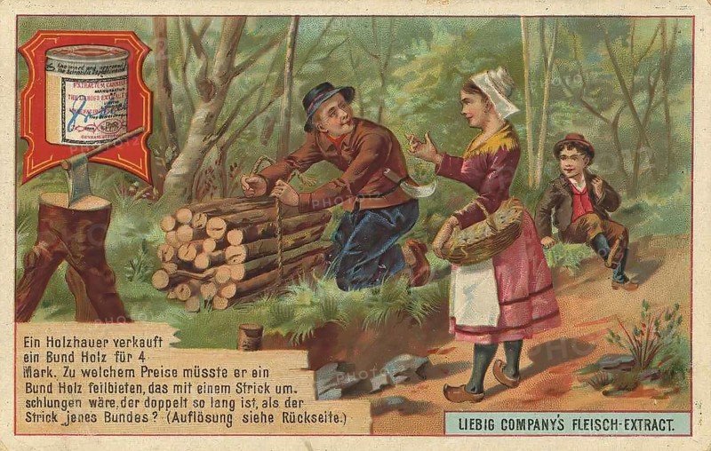 Picture series puzzle, selling firewood, Liebig picture, digitally restored reproduction of a collector's picture from about 1900, public domain, exact date unknown, woodcutter selling wood in the forest, accompanied by woman and child with basket