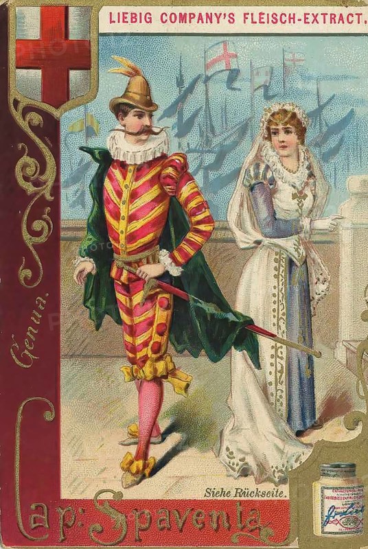 Series Figure in the Roman cultural landscape, Capitan Spaventa, figure or mask from the Italian Commedia dell'arte, Liebig painting, digitally restored reproduction of a collection painting from ca 1900, public domain, exact date unknown, A couple in historical costumes with a harbour background