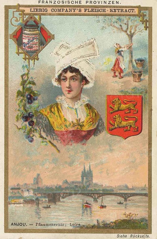 Picture series French provinces, France, Anjou, plum harvest at the Loire, Liebig picture, digitally restored reproduction of a collector's picture from ca 1900, public domain, exact date unknown, portrait of a woman with traditional headdress, French scenery in the background, Europe