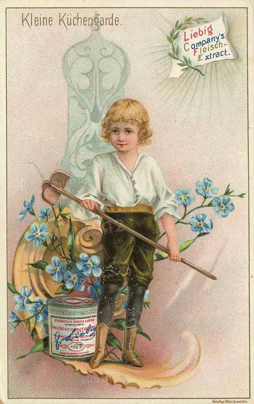 Picture series Small Kitchen Guard, Liebig picture, digitally restored reproduction of a collector's picture from ca 1900, public domain, exact date unknown, child with country clothes in a garden full of colourful flowers, in a nostalgic illustration