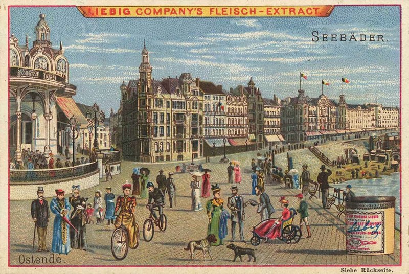 Picture series famous seaside resorts, Ostend in Belgium, Liebig picture, digitally restored reproduction of a collector's picture from around 1900, public domain, exact date unknown, promenade in Ostend with walkers and bicycles in front of historical architecture, depicted in nostalgic advertising