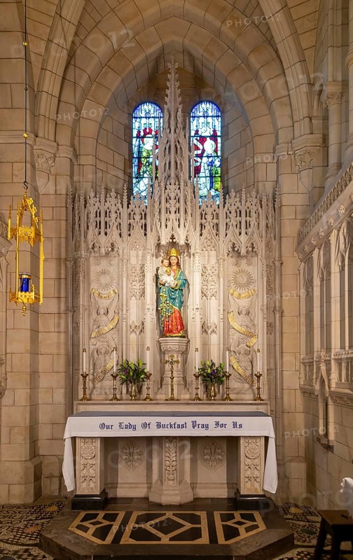 Altar and medieval statue of Our Lady of Buckfast, Lady Chapel, Buckfast Abbey, Buckfastleigh, Devon. England, UK