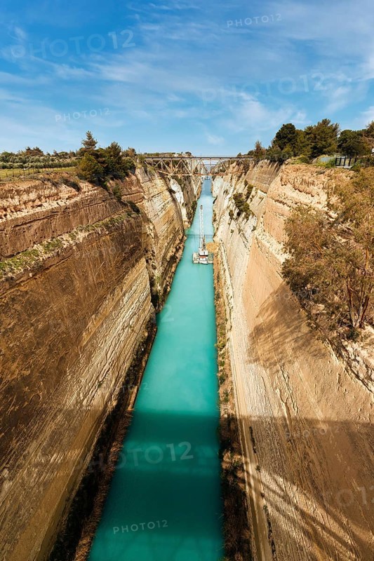 Construction work in the Corinth Canal, restoration after landslide, view of construction cranes, closed to shipping traffic, sight, vertical rock faces, Corinth, Isthmus of Corinth, Greece, Europe