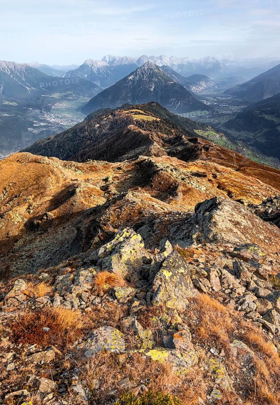 Venet mountain ridge at Kreuzjoch summit, view of Tschirgant summit and the Oberinntal valley, in autumn, Venet crossing, Ötztal Alps, Tyrol, Austria, Europe
