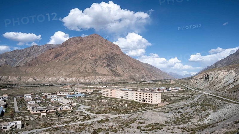 Panorama, Abandoned ruined buildings in mountain landscape, Ghost town, Engilchek, Tian Shan, Kyrgyzstan, Asia