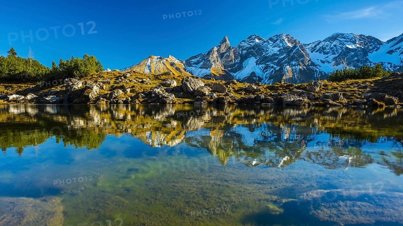 Panorama of Lake Gugger See, central main ridge of the Allgäu Alps, Allgäu, Bavaria, Germany, Europe