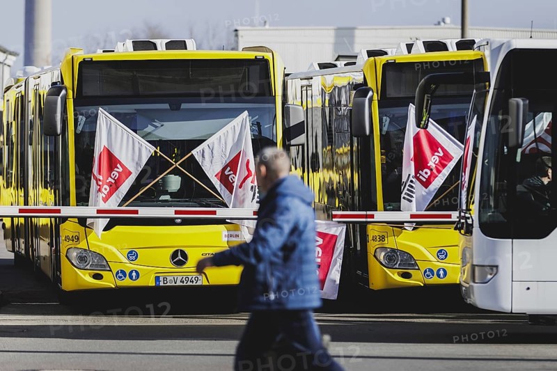 Buses of the Berlin transport company BVG are parked at the Lichtenberg depot in Berlin, 29 February 2024. Ver.di has announced strikes in public transport for Thursday and Friday