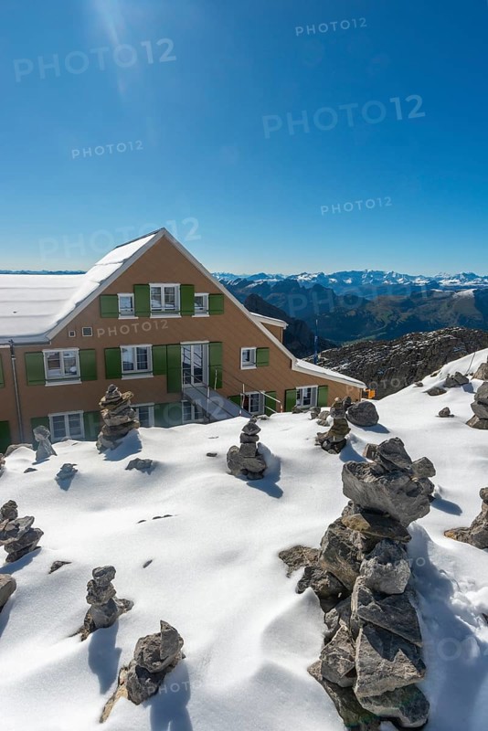 View from the alpine peak Säntis with hotel, Appenzell Alps, 2505m altitude, Schwägalp, Urnäsch, Canton Appenzell, Ausserrhoden, Switzerland, Europe