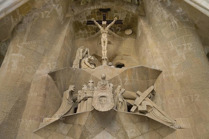 Crucifix, Passion façade, Sagrada Familia, Basilica by Antoni Gaudi, Barcelona, Catalonia, Spain, Europe