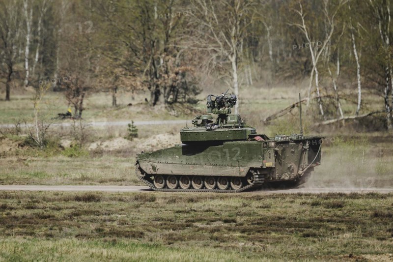 CV9030 of the Norwegian Telemark Battalion, photographed as part of a Bundeswehr exercise with armed forces from Norway and the Czech Republic during the 'Wettiner Schwert' exercise as part of Quadriga 2024 in the training town of Schnöggersburg, 8 April 2024