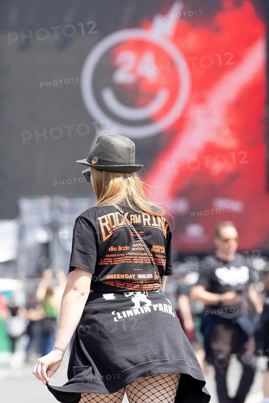 Adenau, Germany, 7 June 2024: Fans during the first day of Rock am Ring. The festival takes place at the Nürburgring race track near the town of Adenau from 7 to 9 June 2024, Europe