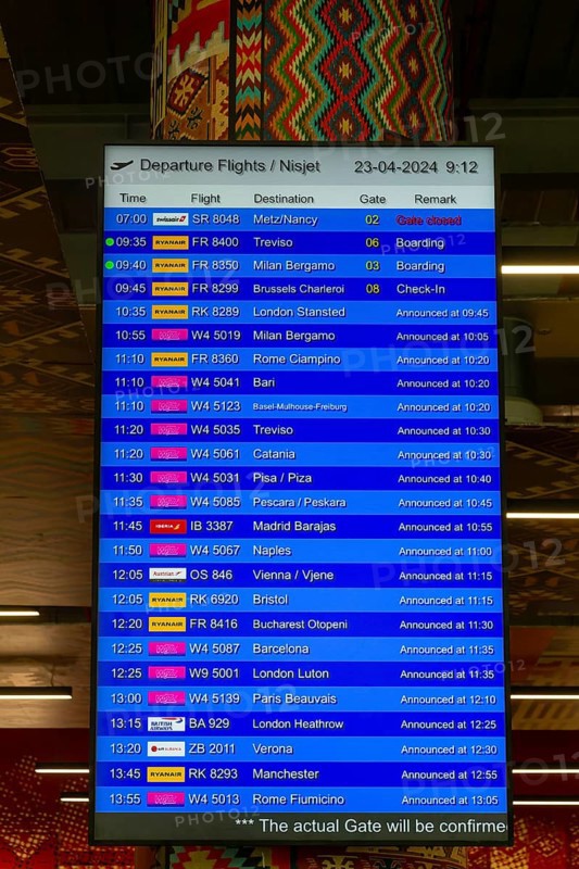 Electronic flight departure information list, Tirana International Airport Nënë Tereza, Mother Theresa Rinas Airport, Tirana, Albania, Europe