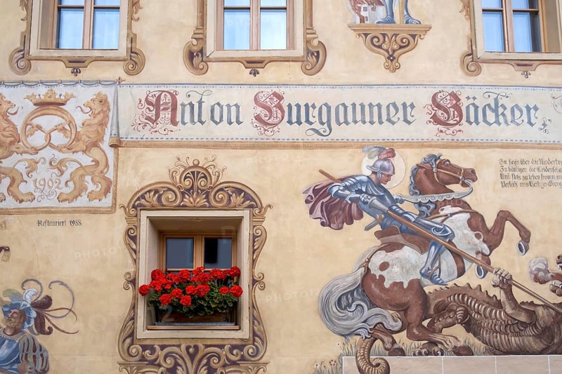 Painted house facade, Castelrotto, Dolomites, South Tyrol, Italy, Europe