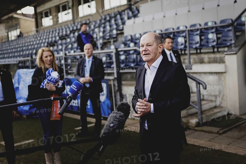 Olaf Scholz (SPD), Federal Chancellor, recorded during a press statement after a visit to SV Babelsberg in Potsdam, 26/02/2024