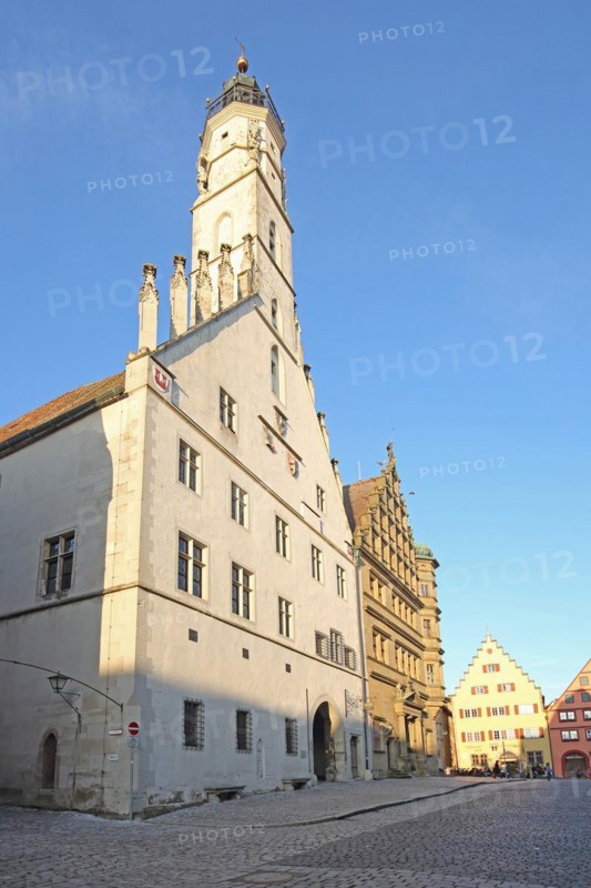 White town hall tower and Renaissance town hall, market square, Rothenburg ob der Tauber, Tauberfranken, Franconia, Bavaria, Germany, Europe
