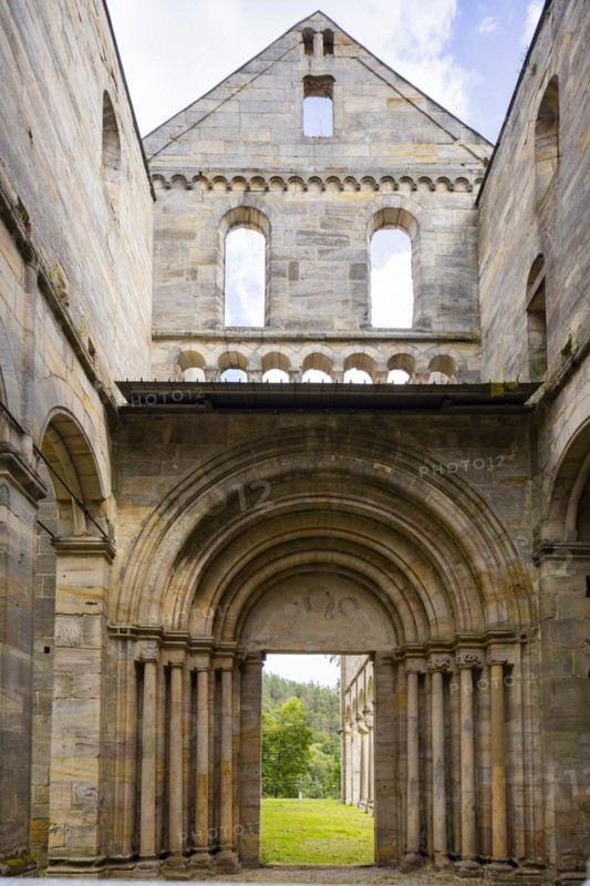 Paulinzella Monastery is a former Benedictine abbey, founded as a double monastery in Paulinzella in the Rottenbach Valley in Thuringia. The ruins of the monastery church are one of the most important Romanesque buildings in Germany, Paulinzella, Thuringia, Germany, Europe